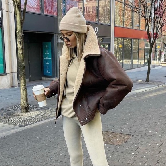 Mango Jackets & Blazers - Mango Faux Shearling Aviator Jacket Brown